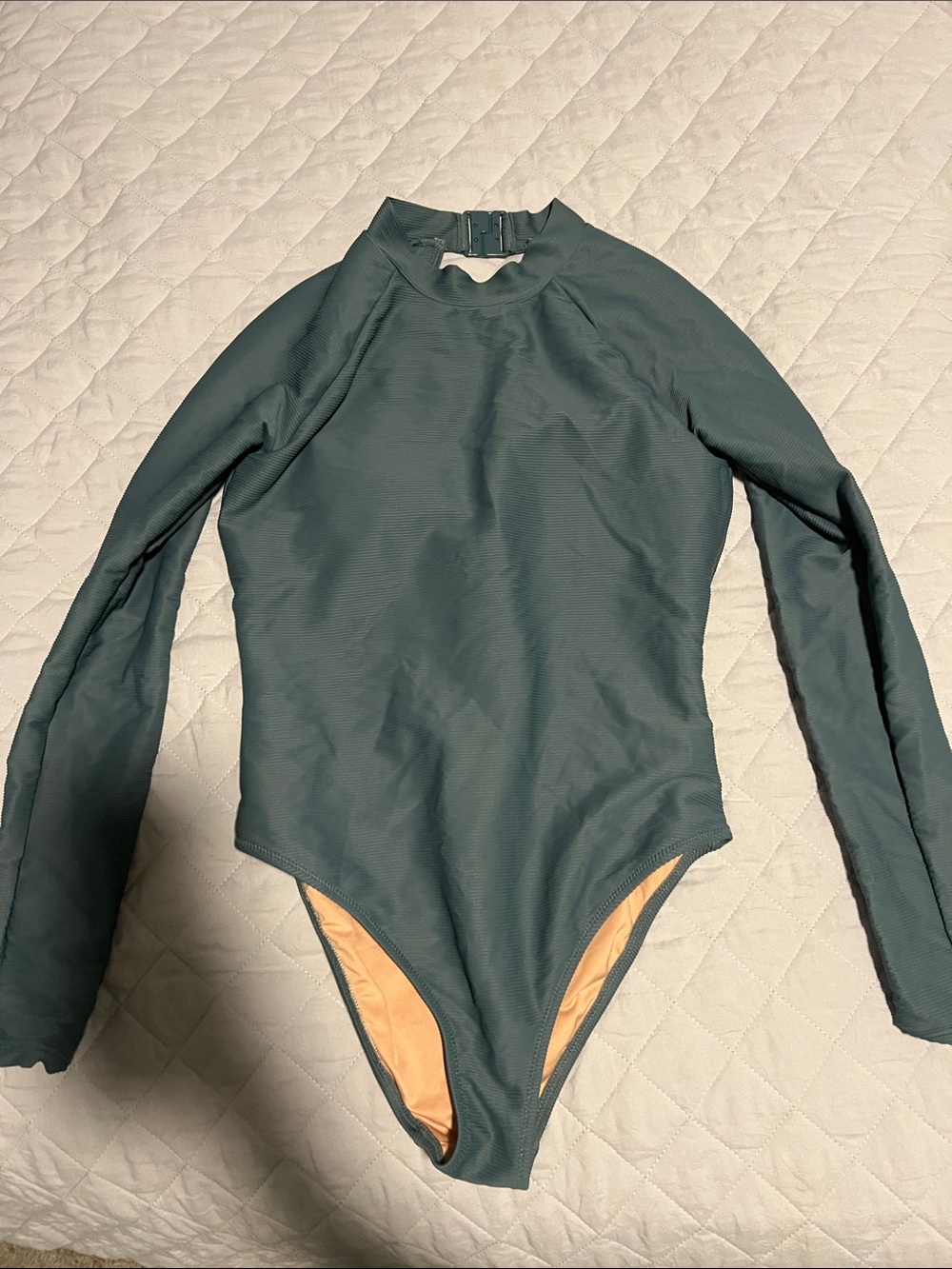 J. Crew Long-Sleeve One-Piece Swimsuit in Teal with Peach Lining